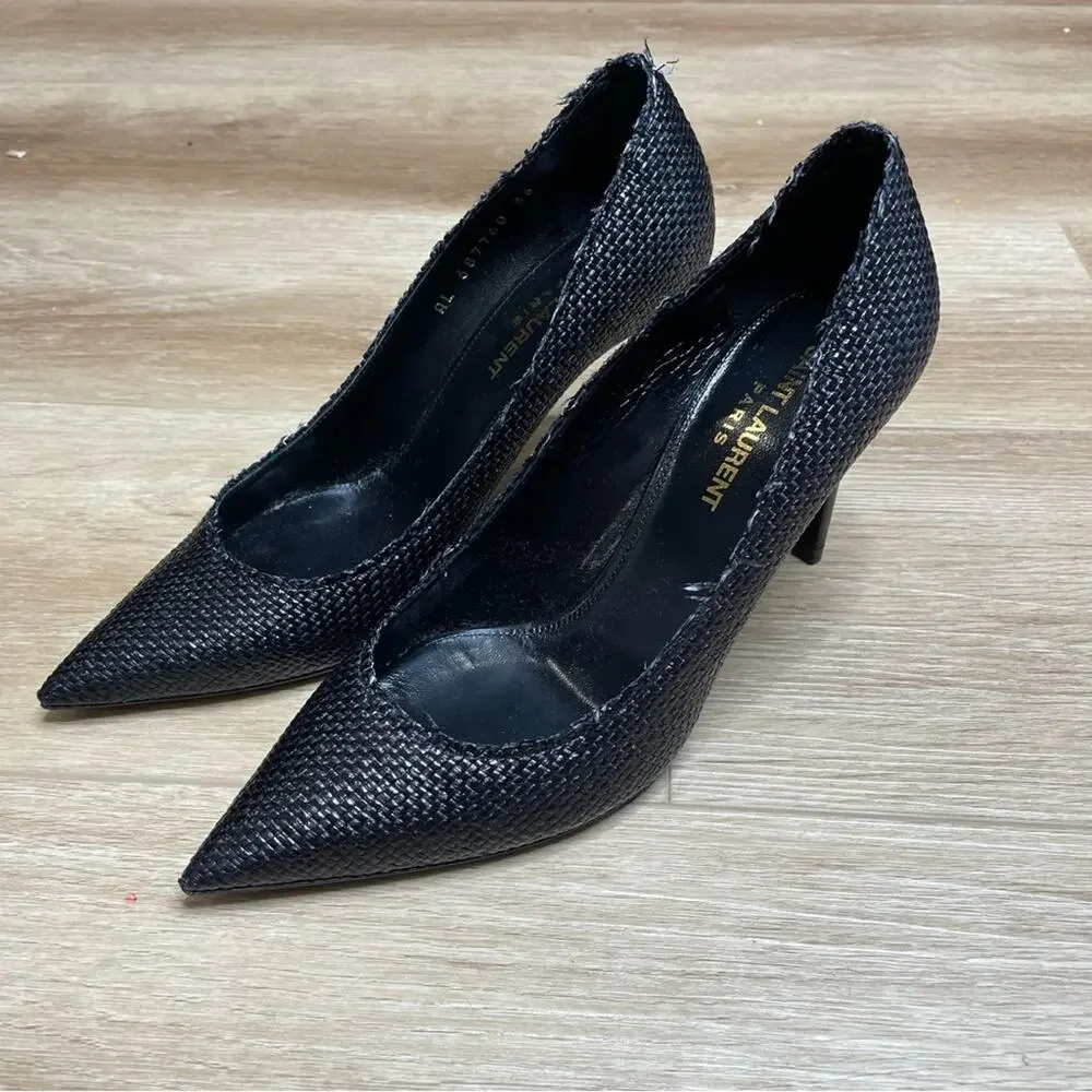 Saint Laurent Anja Woven Pointed Toe Pumps Black Sz 36 / US 6 - Picture 3 of 16